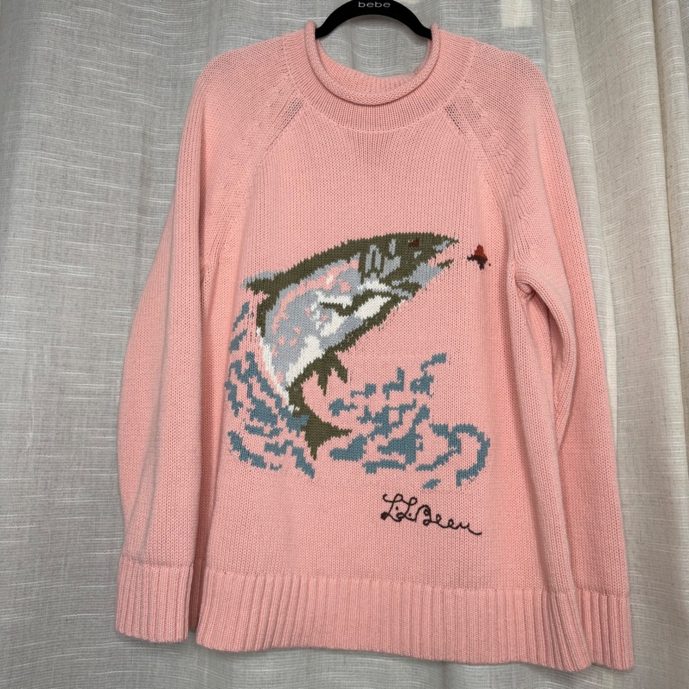 LL Bean Signature Fish Trout Knit Sweater Pink 100% Cotton Roll Neck Women's XL